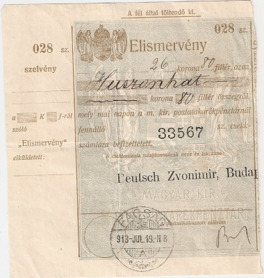 MAGYAR KIR ELISMERVENY CONFIRMARE DE PRIMIRE FACSAD FAGET 1913 26,80 korona foto