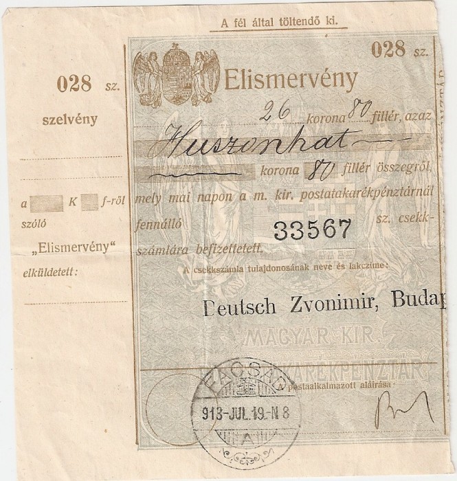 MAGYAR KIR ELISMERVENY CONFIRMARE DE PRIMIRE FACSAD FAGET 1913 26,80 korona