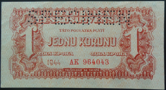 Bancnota 1 KORONU- CEHOSLOVACIA OCUPATIE SOVIETICA, 1944*cod 227 SPECIMEN - UNC