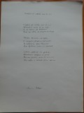 Poezie olografa pentru expozitie, manuscris al poetei Monica Pillat, nepoata scriitorului și poetului Ion Pillat și a pictoriței Maria Pillat - Brateș