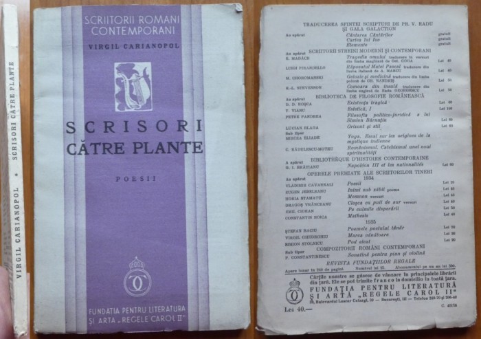Virgil Carianopol, Scrisori catre plante, Poesii, 1936, editia 1