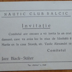 Invitatie la Clubul Nautic Balcic , ceai dansant , program Jazz , interbelica