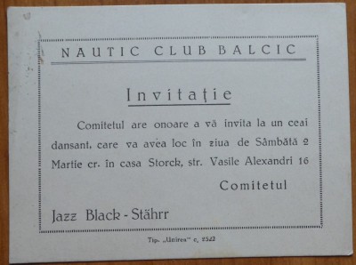 Invitatie la Clubul Nautic Balcic , ceai dansant , program Jazz , interbelica foto