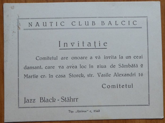Invitatie la Clubul Nautic Balcic, ceai dansant, program Jazz, interbelica