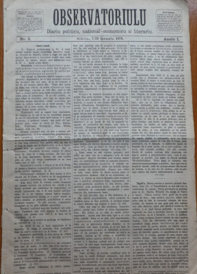 Ziarul Observatorul ; Politic , national si literar , an 1 ,nr. 3 , Sibiu , 1878 foto