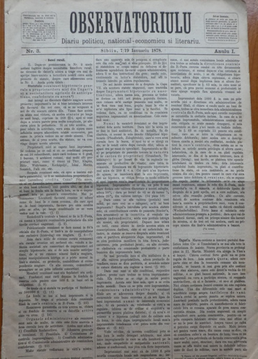 Ziarul Observatorul ; Politic , national si literar , an 1 ,nr. 3 , Sibiu , 1878