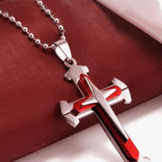 Pandantiv crucifix cruce silver cu rosu cruciulita cu lant atasat foto