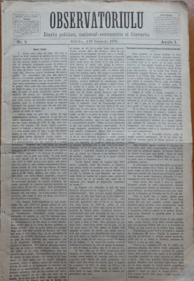 Ziarul Observatorul ; Politic , national si literar , an 1 ,nr. 2 , Sibiu , 1878 foto