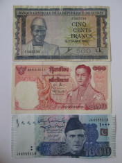 Lot 3 bancnote:Guineea=500 Fr.&amp;#039;60,Thailanda=100 Baht&amp;#039;69,Pakistan=1000 Rupees&amp;#039;15 foto