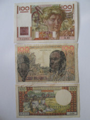 Lot 3 bancnote:Franta=100 Fr.&amp;#039;46,French W.Africa=100 Fr.&amp;#039;57,Madagascar=100 Fr.66 foto