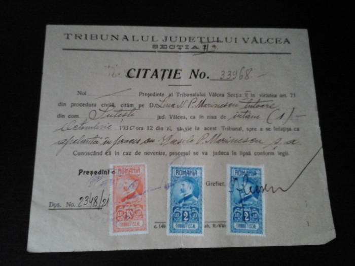Document vechi - Citatie No. 33968/1930 - Tribunal Valcea - 3 tibre fiscale