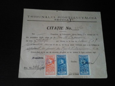 Document vechi - Citatie No. 33980/1930 - Tribunal Valcea - 3 tibre fiscale foto