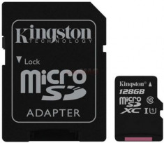 Card de memorie Kingston microSDXC, 128GB, 45 MB/s Citire, 10 MB/s Scriere, Clasa 10 + Adaptor SD foto