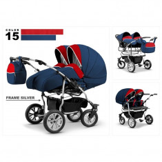 Carucior 3 in 1 pentru gemeni Mikado Duet Lux D-15 Blue foto