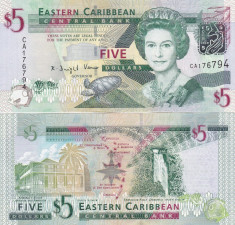 Insulele Caraibe 5 Dollars 2008 UNC foto