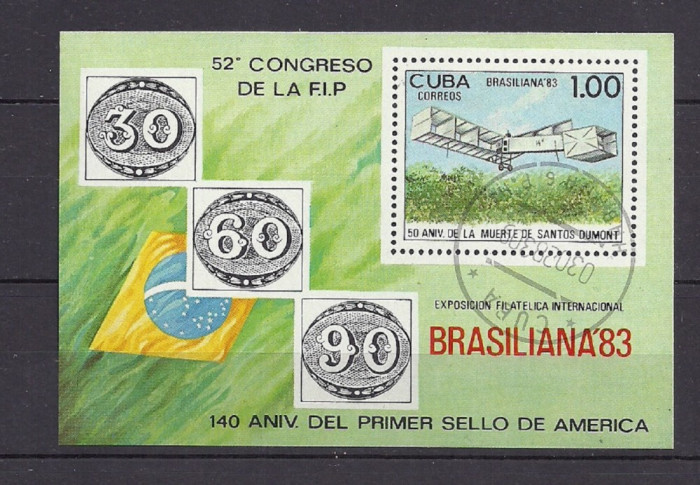 CUBA 1983 &ndash; AVION SANTOS DUMONT, colita stampilata, TR24