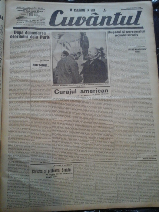 Ziare vechi - Cuvantul - Nr. 2842, 23 mar 1933, 8 pag, Nae Ionescu, M. Sebastian