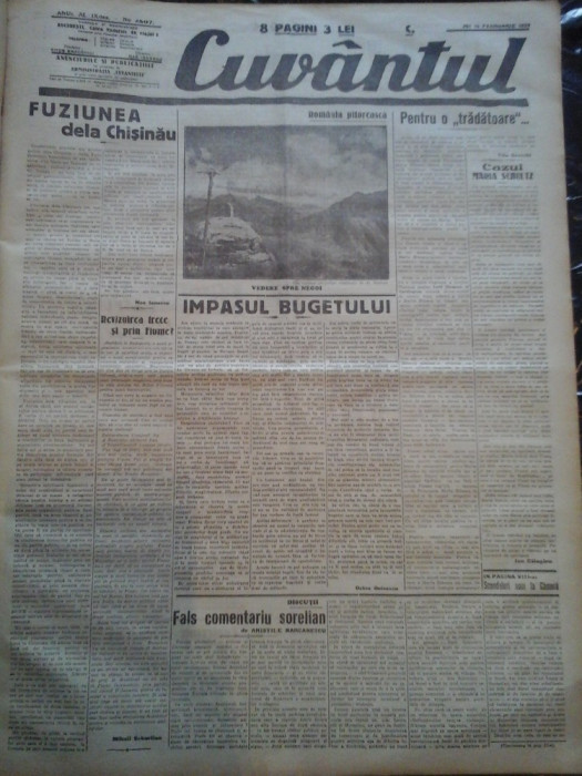 Ziare vechi - Cuvantul - Nr. 2807, 16 feb 1933, 8 pag, Nae Ionescu, M. Sebastian