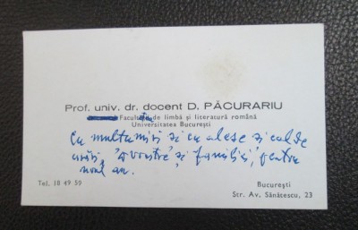 Carte de vizita DIMITRIE PACURARIU (cu mesaj) foto