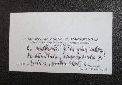 Carte de vizita DIMITRIE PACURARIU (cu mesaj fata-verso si semnatura) foto