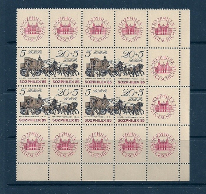 GERMANIA (DDR) 1985 &ndash; POSTALION, bloc de 4 cu VINIETE MNH, TR42