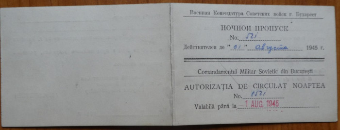 Comandamentul Militar Sovietic din Bucuresti; Autorizatie de circulat noaptea, 1 decembrie 1945