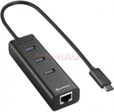 Hub USB Sharkoon 3 port USB 3.0 Aluminiu, USB Type C + RJ45 Gigabit (Negru) foto