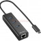 Hub USB Sharkoon 3 port USB 3.0 Aluminiu, USB Type C + RJ45 Gigabit (Negru)