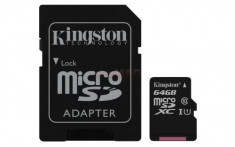 Card de memorie Kingston microSDXC, 64GB, 45 MB/s Citire, 10 MB/s Scriere, Clasa 10 + Adaptor SD foto