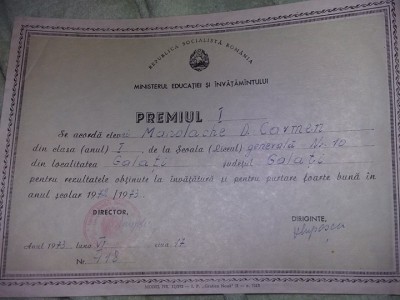 PREMIUL 1,Scoala Generala nr.10 Galati,1973,Republica Socialista ROMANIA,T.GRAT foto