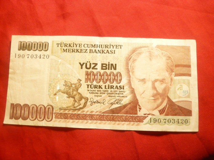 Bancnota 100 000 Lire Turcia 1970 , cal. f.buna foto mare Bancnota 100 000 Lire Turcia 1970 , cal. f.buna foto mare