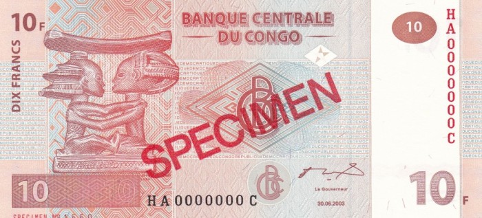 Congo 10 Francs 2003 UNC foto mare Congo 10 Francs 2003 UNC foto mare