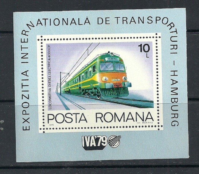 ROMANIA 1979 – LOCOMOTIVA ELECTRICA, colita nestampilata TR123 foto mare ROMANIA 1979 – LOCOMOTIVA ELECTRICA, colita nestampilata TR123 foto mare