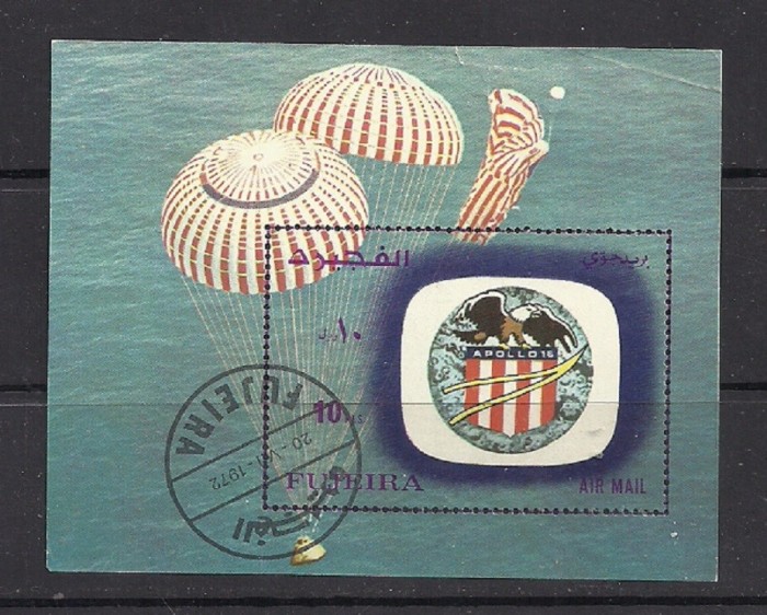 FUJEIRA 1972 – COSMOS APOLLO 16, colita stampilata, TR111 foto mare FUJEIRA 1972 – COSMOS APOLLO 16, colita stampilata, TR111 foto mare