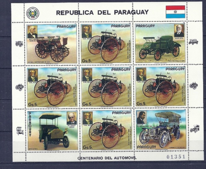 PARAGUAY 1986 – CENTENARUL AUTOMOBILULUI, kleinbogen MNH, TR122 foto mare PARAGUAY 1986 – CENTENARUL AUTOMOBILULUI, kleinbogen MNH, TR122 foto mare