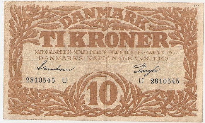 DANEMARCA 10 KRONER COROANE 1943 F