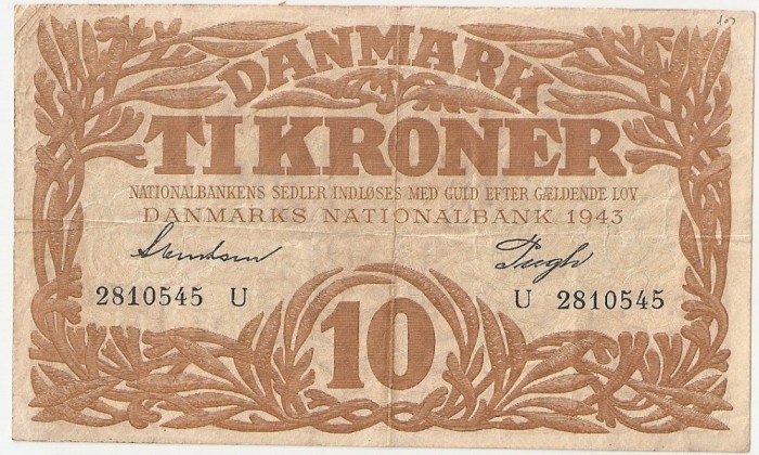 DANEMARCA 10 KRONER COROANE 1943 F