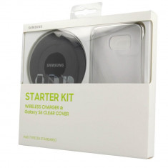 Starter Kit SAMSUNG pentru Galaxy S6, QI, 1.0A, Incarcare MicroUSB, Negru + Husa protectie, Transparenta foto