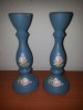 2 x suport lumanare vintage din lemn albastru pictat manual handmade marcate