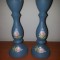2 x suport lumanare vintage din lemn albastru pictat manual handmade marcate