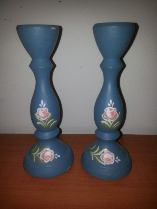2 x suport lumanare vintage din lemn albastru pictat manual handmade marcate
