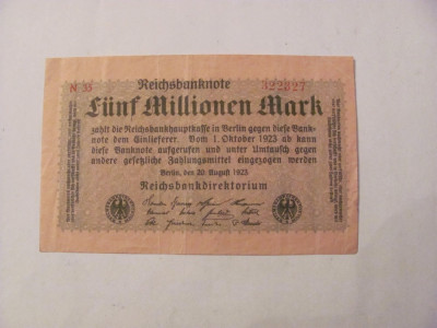 CY - 5000000 / 5 milioane marci mark 20.08.1923 Reichsbanknote Germania unifata foto
