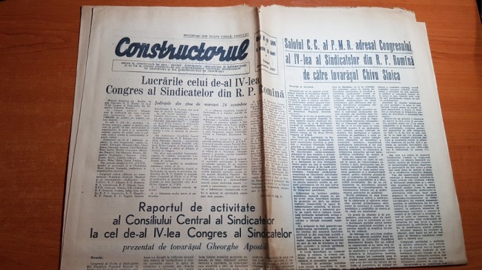 ziarul constructorul 29 octombrie 1960-congresul sindicatelor din RPR