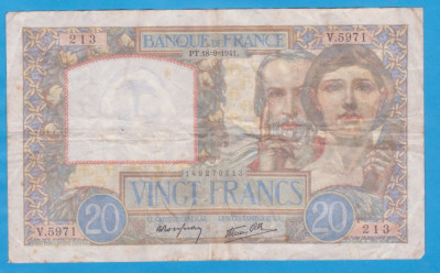 (1) BANCNOTA FRANTA - 20 FRANCS 1941 (18 SEPTEMBRIE 1941) foto