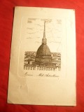 Gravura- Torino -semnat Mole Antonelliana ,interbelica ,dim= 10,7x6 cm