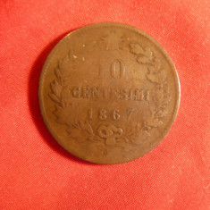 Moneda 10 centime 1867 litera M(Milano) Italia ,bronz Rege Emanuel II