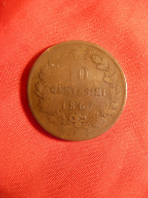 Moneda 10 centime 1867 litera M(Milano) Italia ,bronz Rege Emanuel II foto