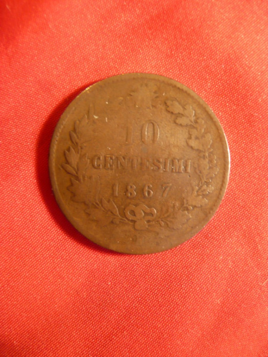 Moneda 10 centime 1867 litera M(Milano) Italia ,bronz Rege Emanuel II