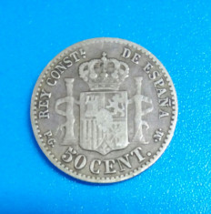 SV * Spania 50 CENTIMOS 1892 Regele Alfonso XIII 2.5 g ARGINT .900 foto