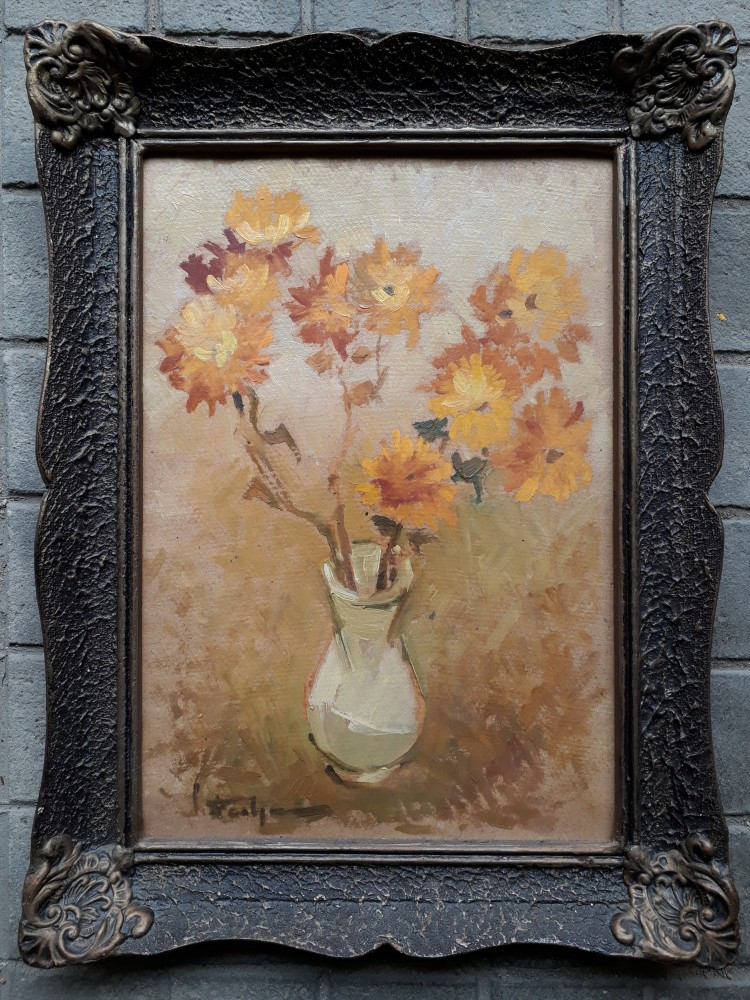 Vaza cu flori galbene, ulei pe carton, pictura veche, Peisaje, Acuarela,  Realism | Okazii.ro